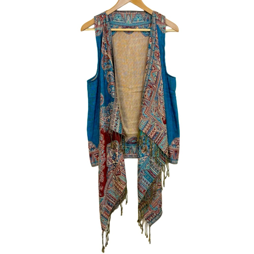 Bohemian Pashmina Fringe Vest Teal Burgundy Beige Paisley Sleeveless Open OS